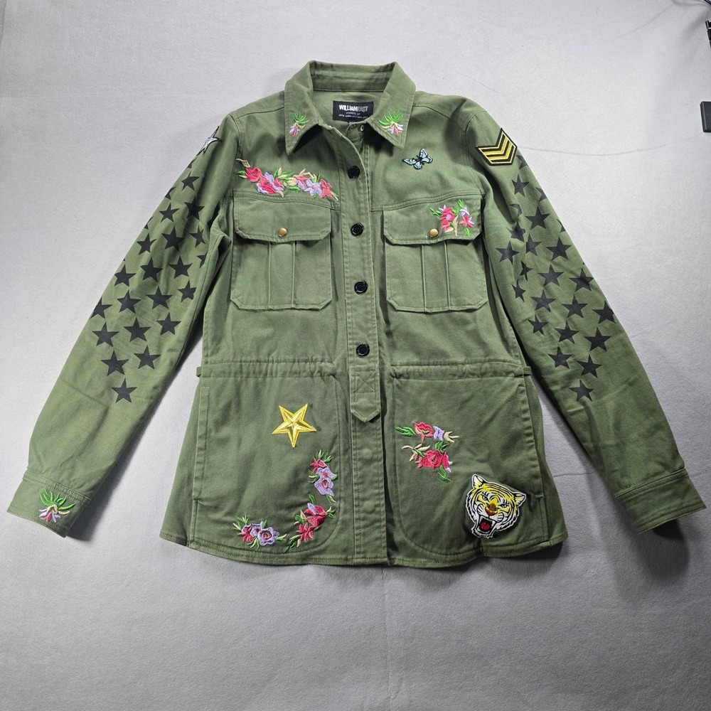 William Rast Alicia Patch Jacket Women's M Olive Military Star Tiger Embroidered
